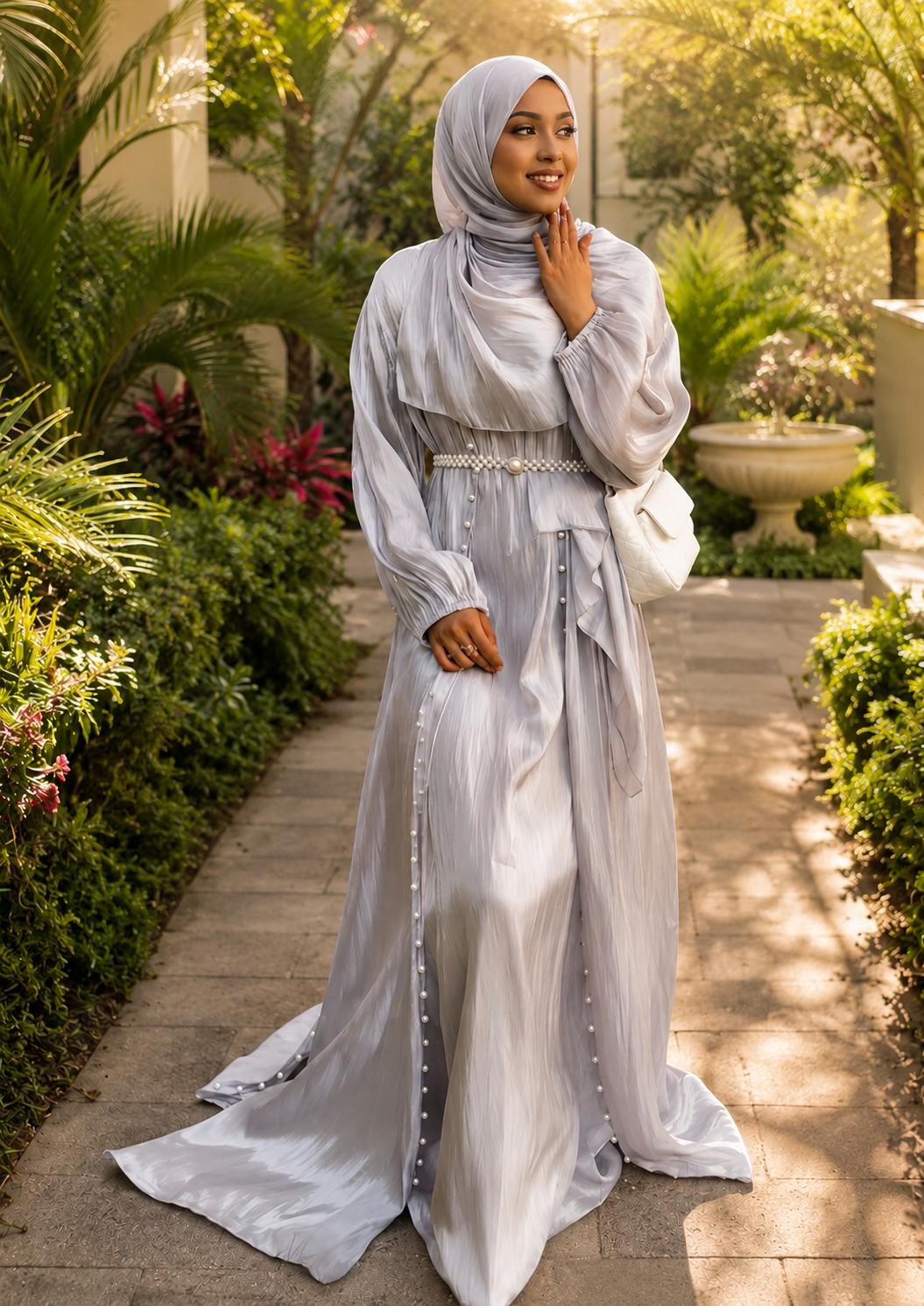 Luxury Satin Dress Set with Pearl Belt