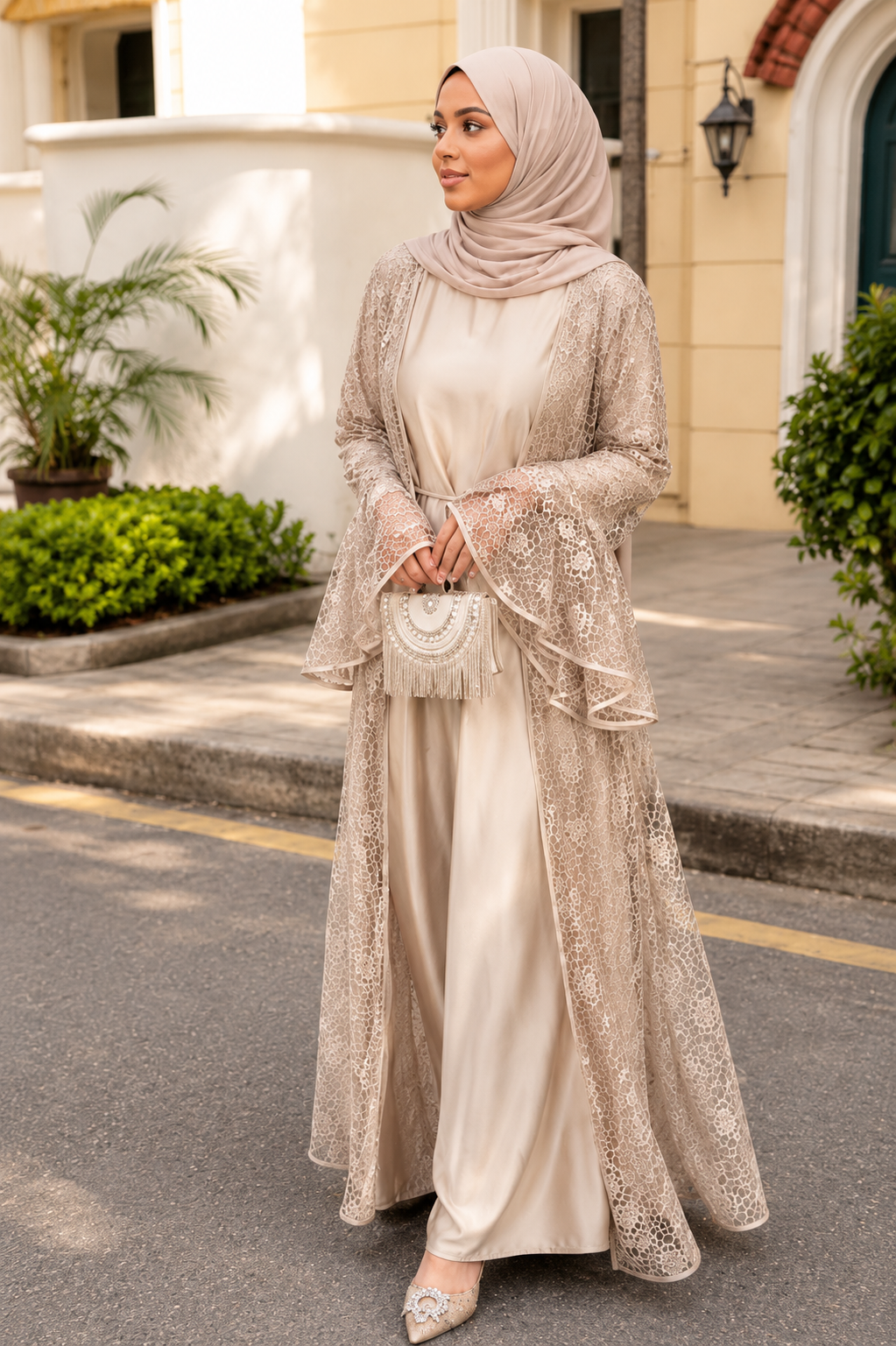 Elegant Two-Piece Satin & Lace Abaya Set