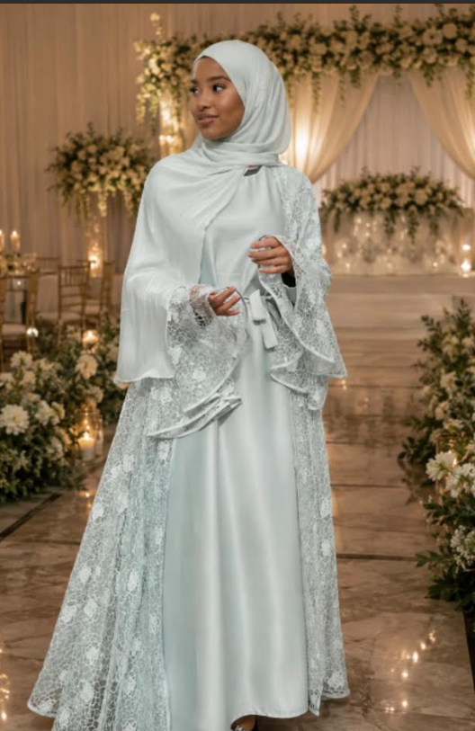 Elegant Two-Piece Satin & Lace Abaya Set