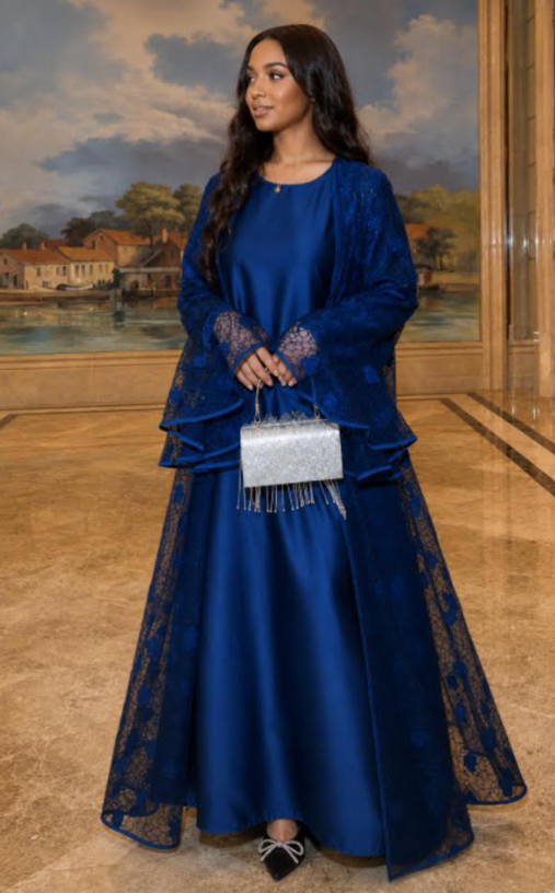 Elegant Two-Piece Satin & Lace Abaya Set