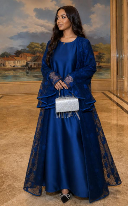 Blue two-piece satin and lace abaya set