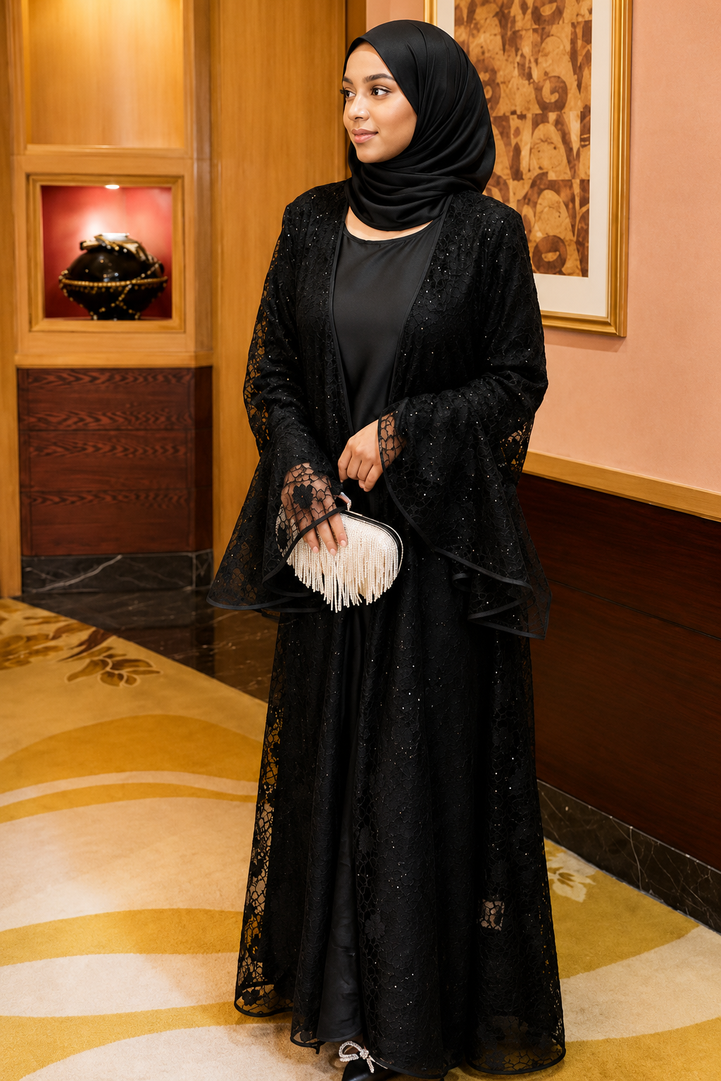 Elegant Two-Piece Satin & Lace Abaya Set