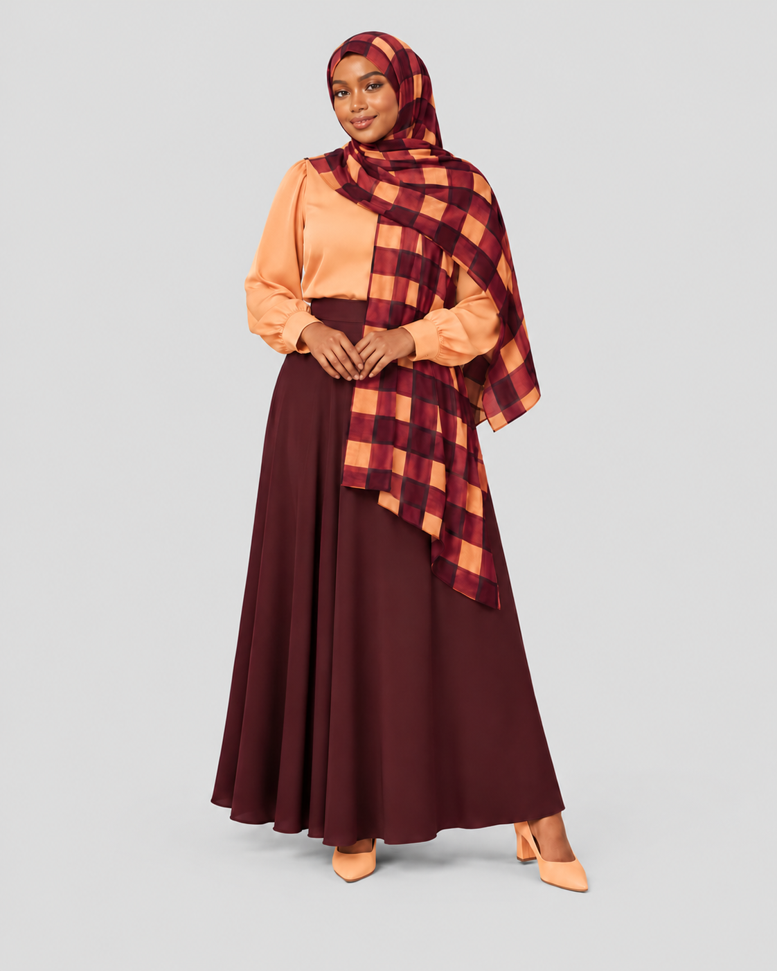 Woman wearing the autumn plaid hijab