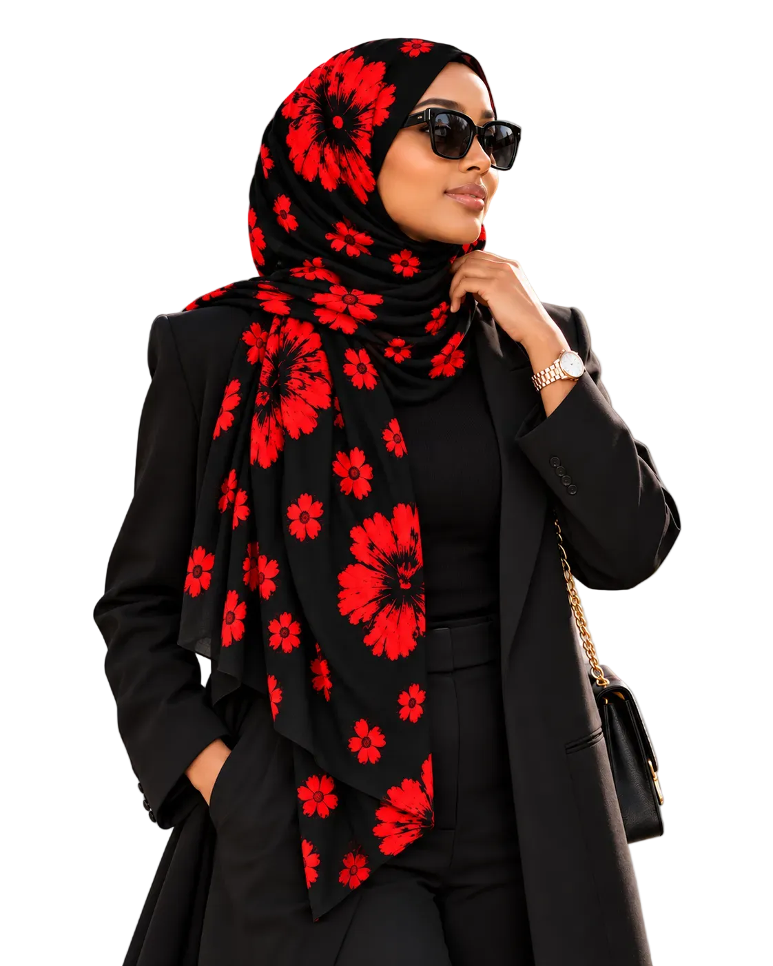 Woman wearing the red and black floral hijab with a black blazer