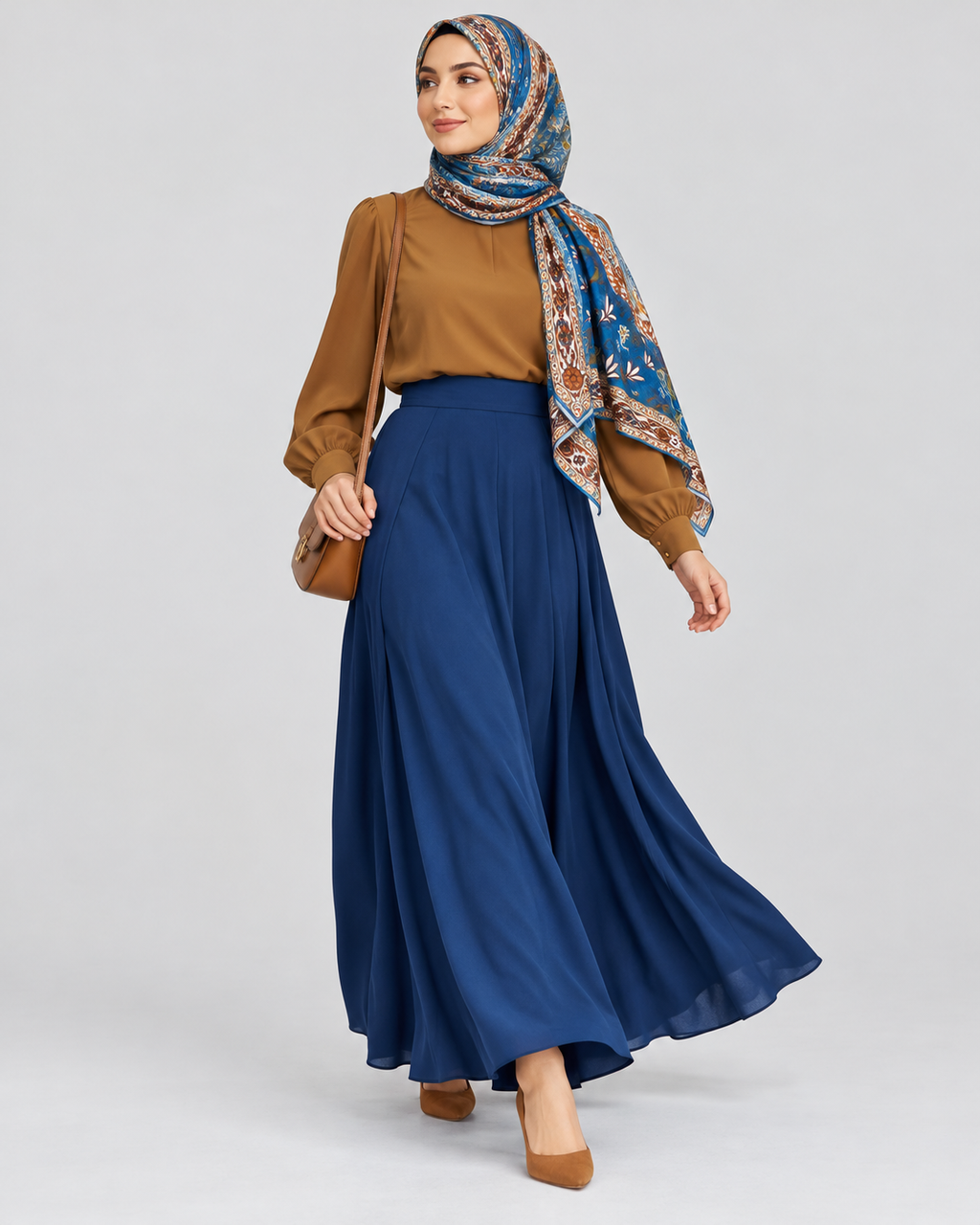 Woman wearing the blue, cream and brown floral hijab
