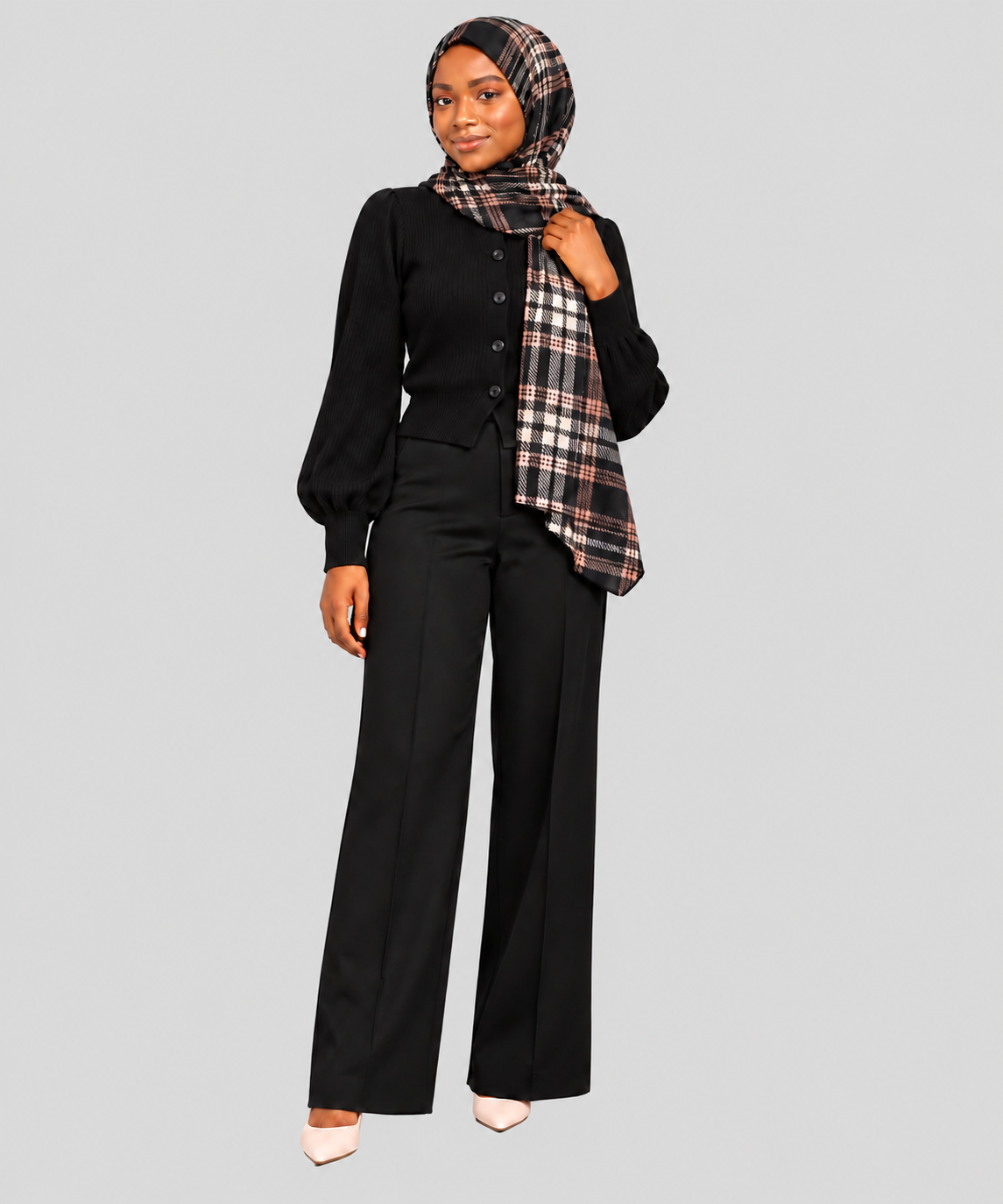 Woman wearing the blush plaid hijab