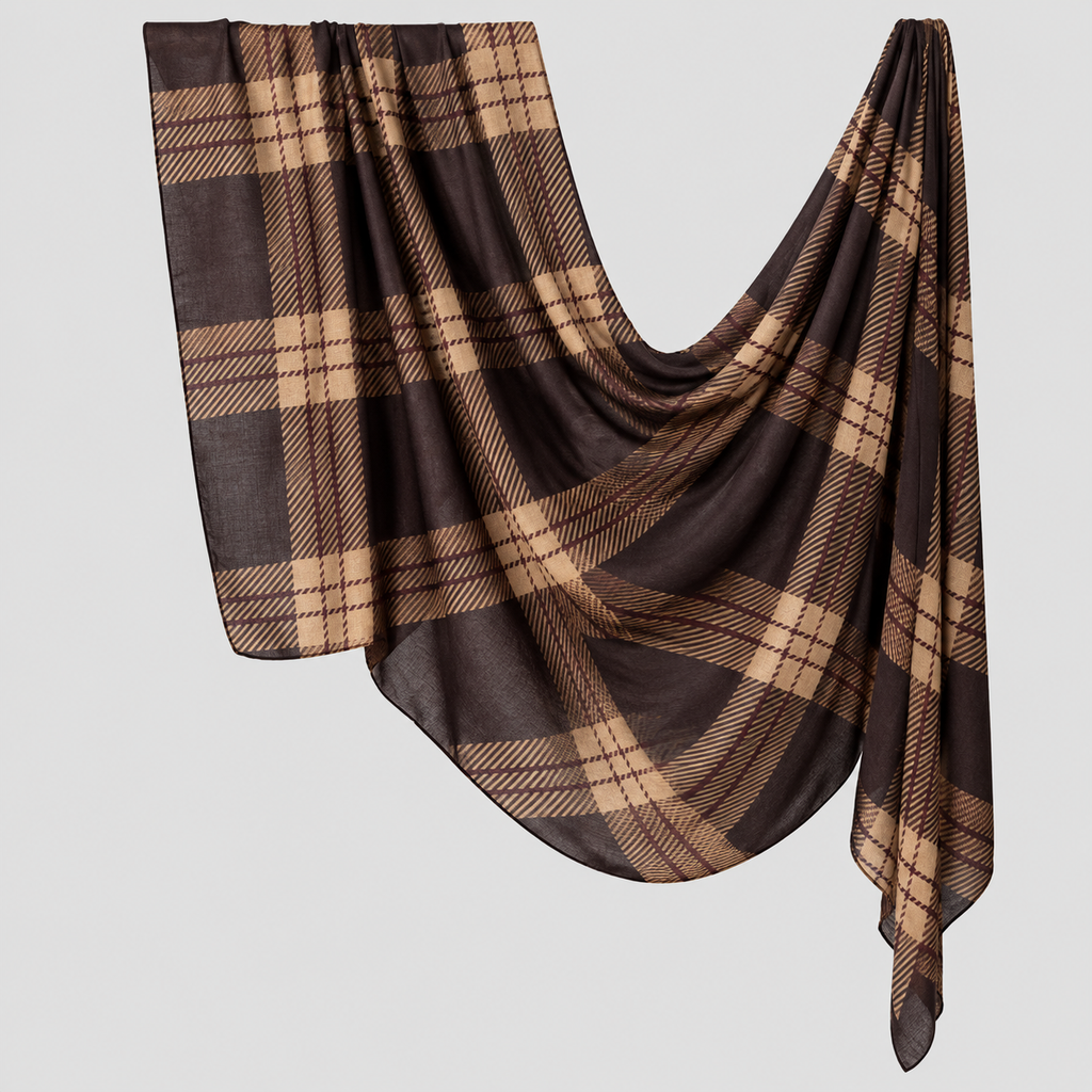 Brown and tan plaid print polyester hijab