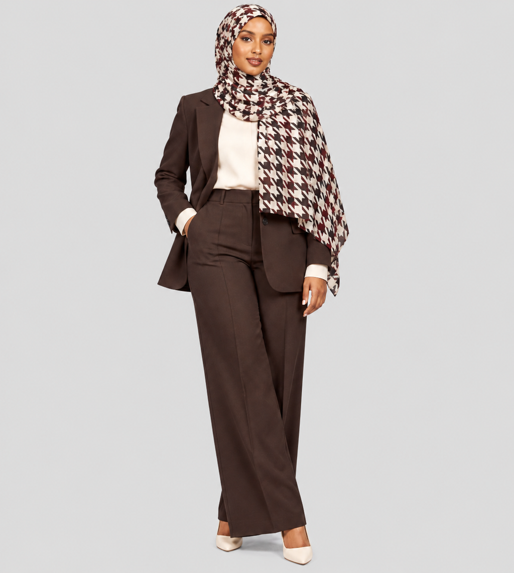 Woman wearing the burgundy houndstooth hijab