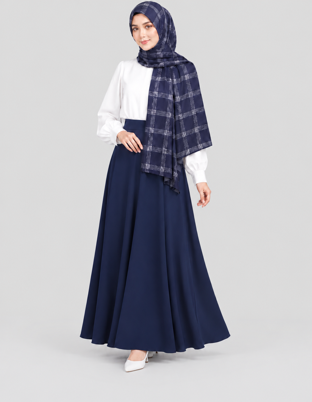 Woman wearing the navy plaid hijab