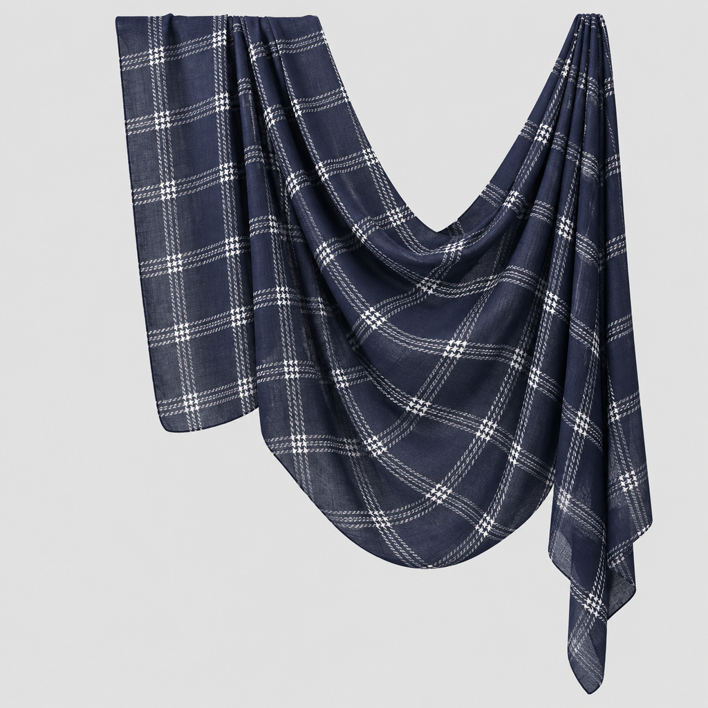 Navy plaid print polyester hijab