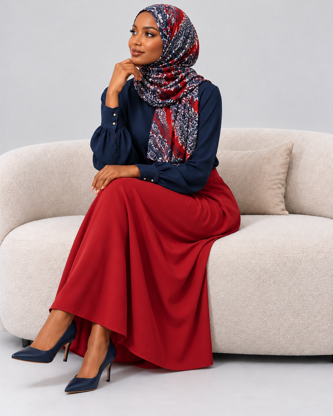 Woman wearing the navy and red paisley hijab