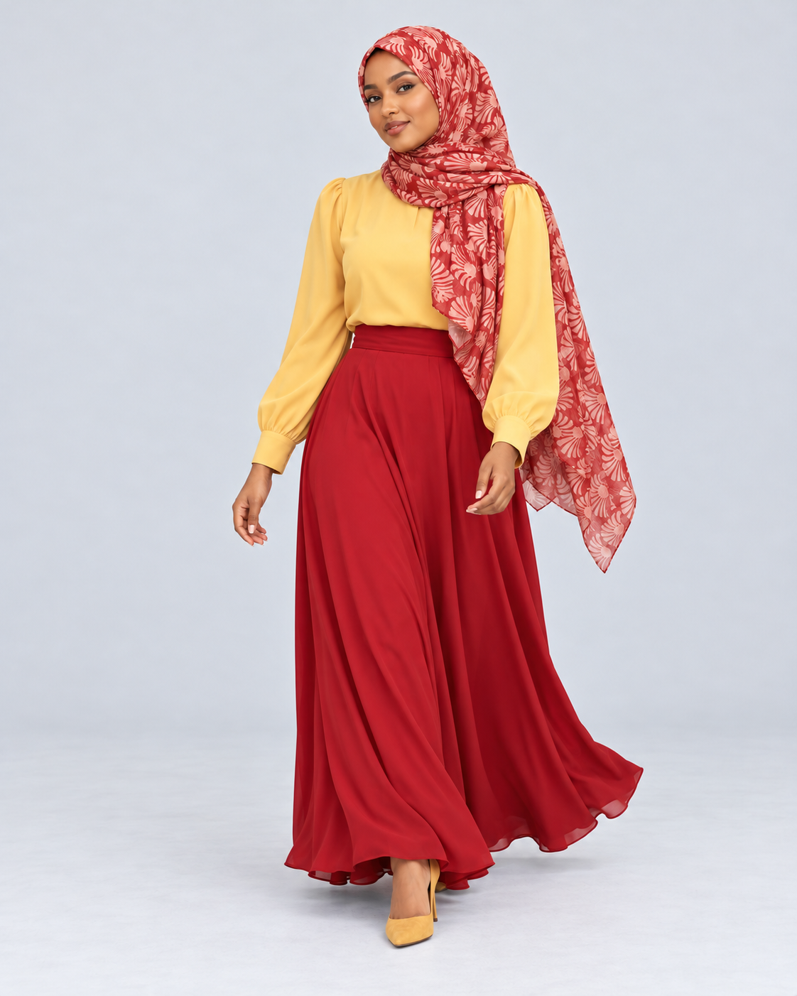 Woman wearing the rust orange leaf hijab