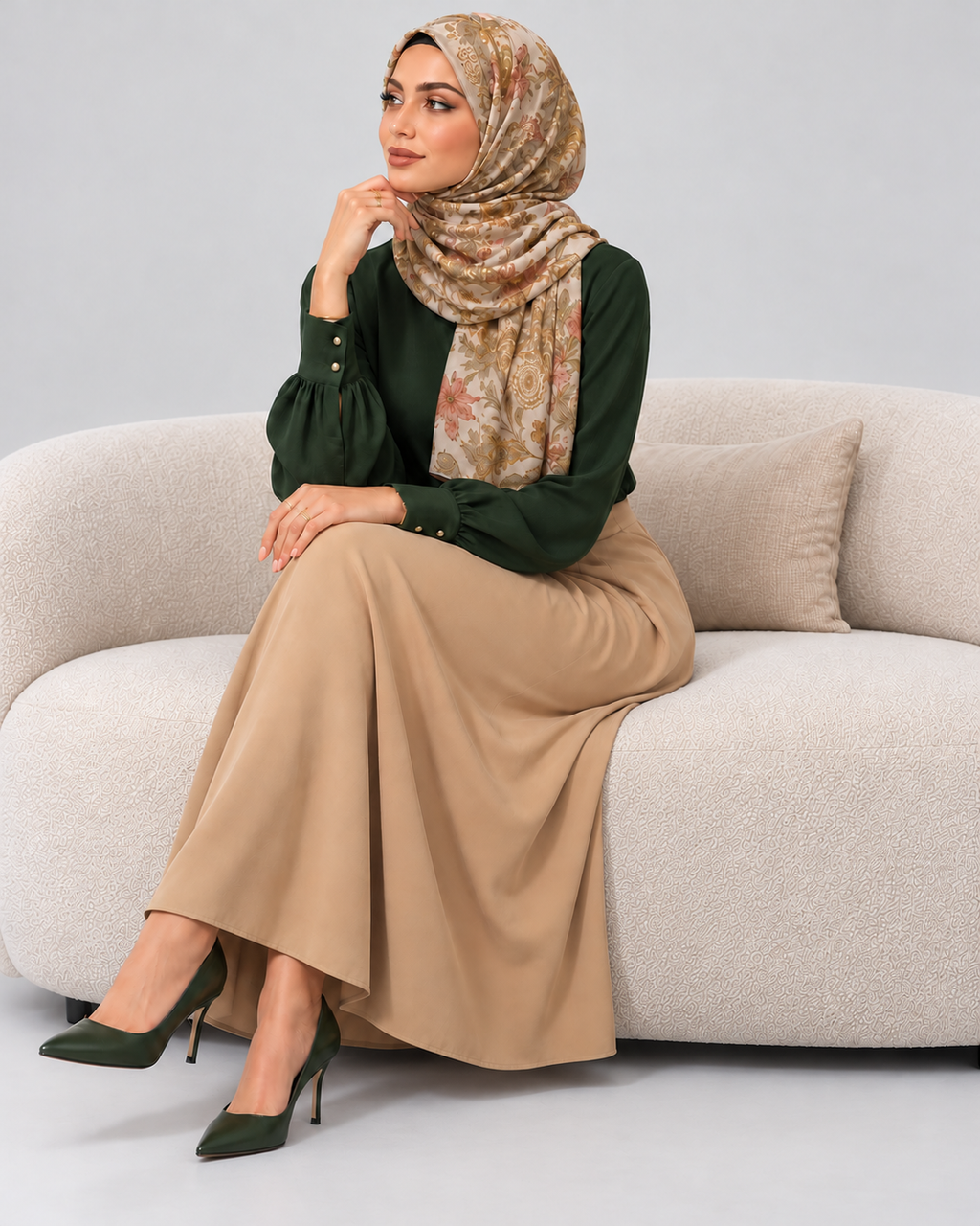 Woman wearing the taupe beige floral hijab