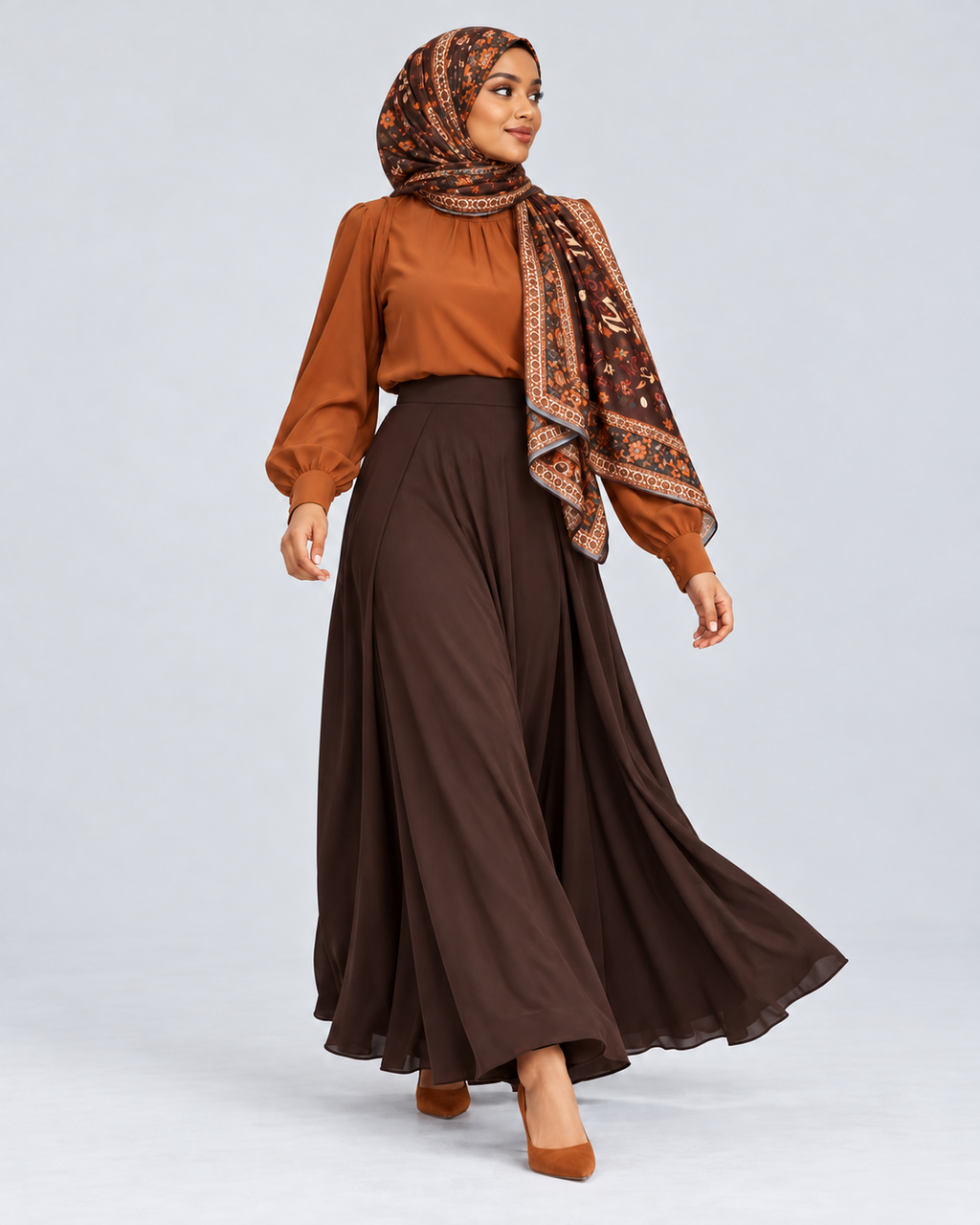 Woman wearing the brown and orange floral hijab