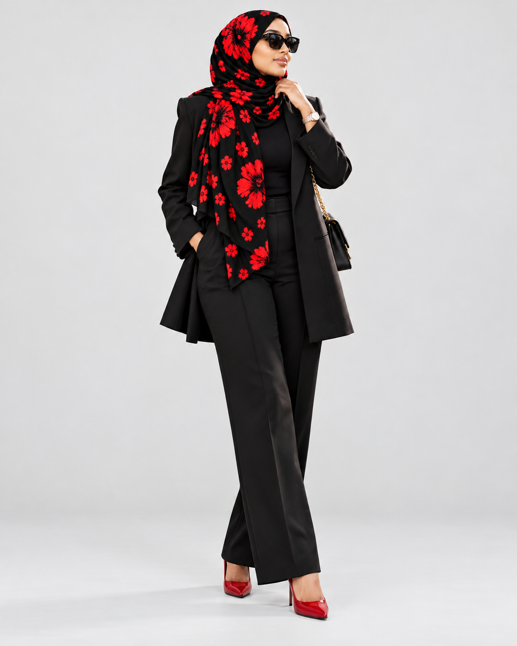 Woman wearing the red and black floral hijab with a black blazer