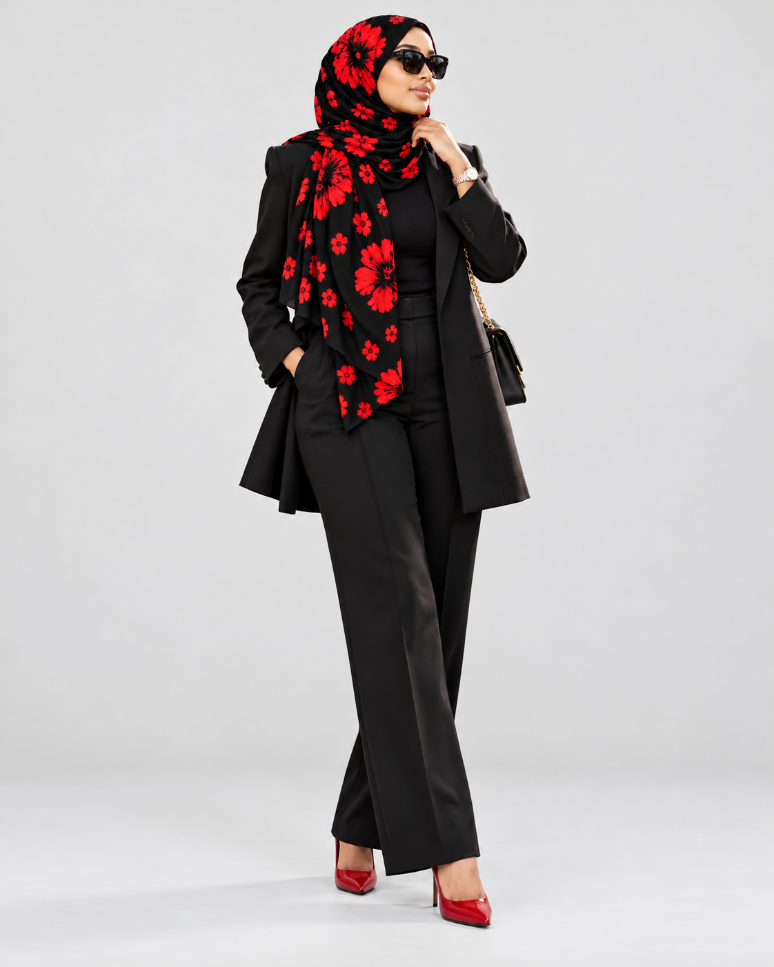Woman wearing the red and black floral hijab with a black blazer