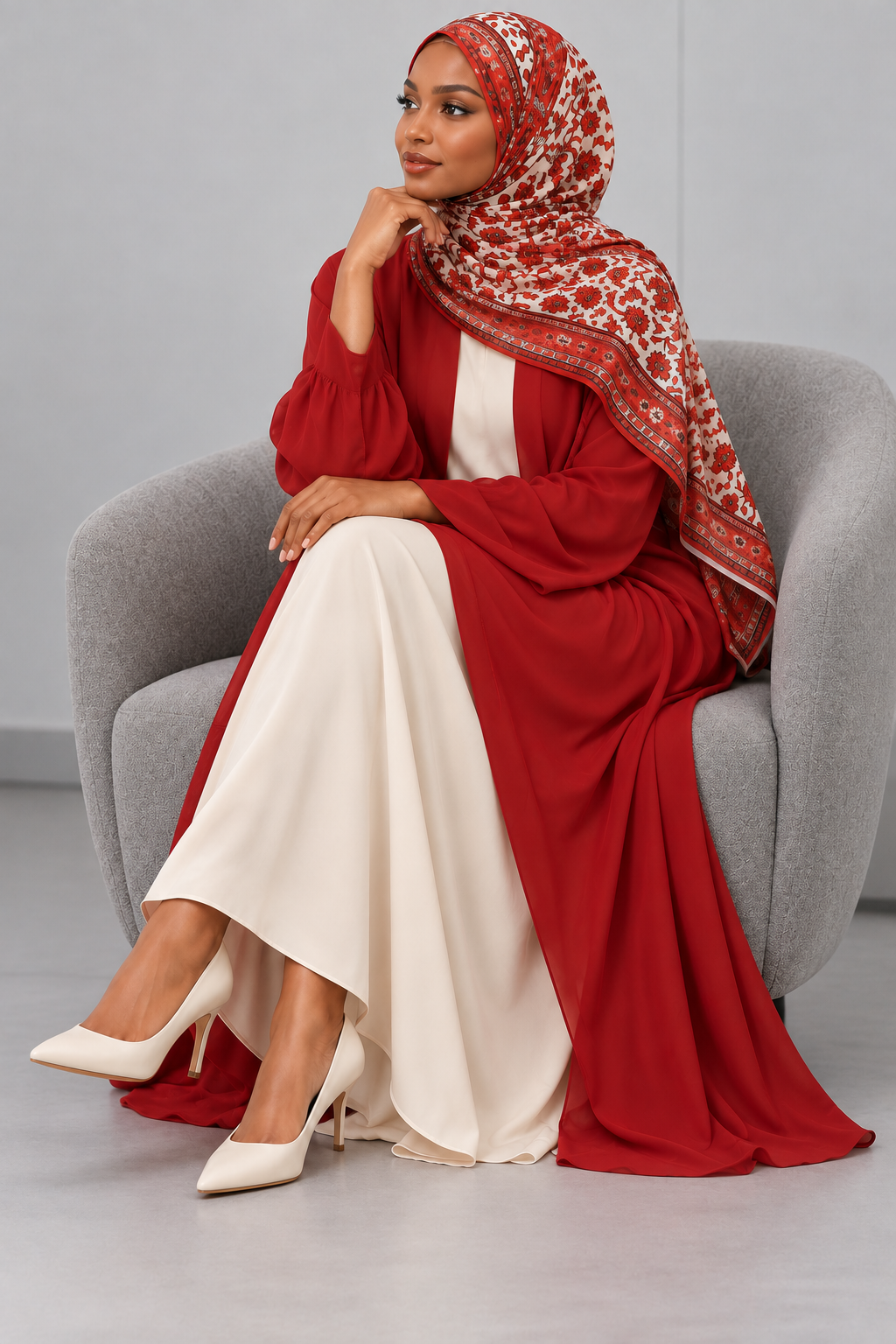 Woman wearing the red and cream floral hijab